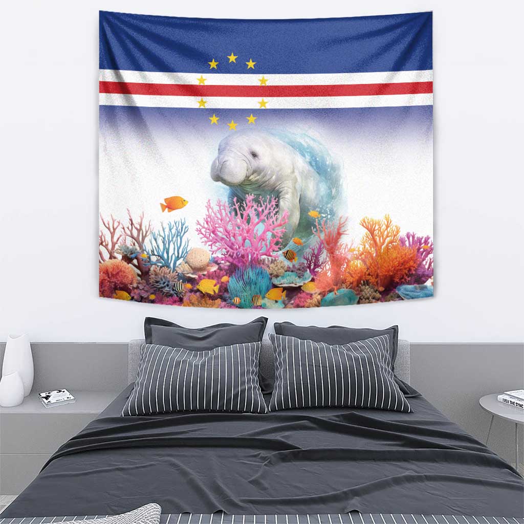Manatee and coral reef wall tapestry featuring Cape Verde flag-style blue and red stripes