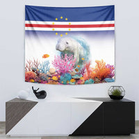 Manatee and coral reef tapestry with Cape Verde flag-style stripes and blue header