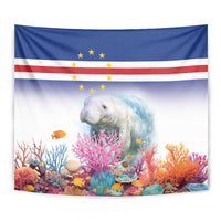 Close-up manatee and coral reef tapestry with Cape Verde flag-style blue and red stripes