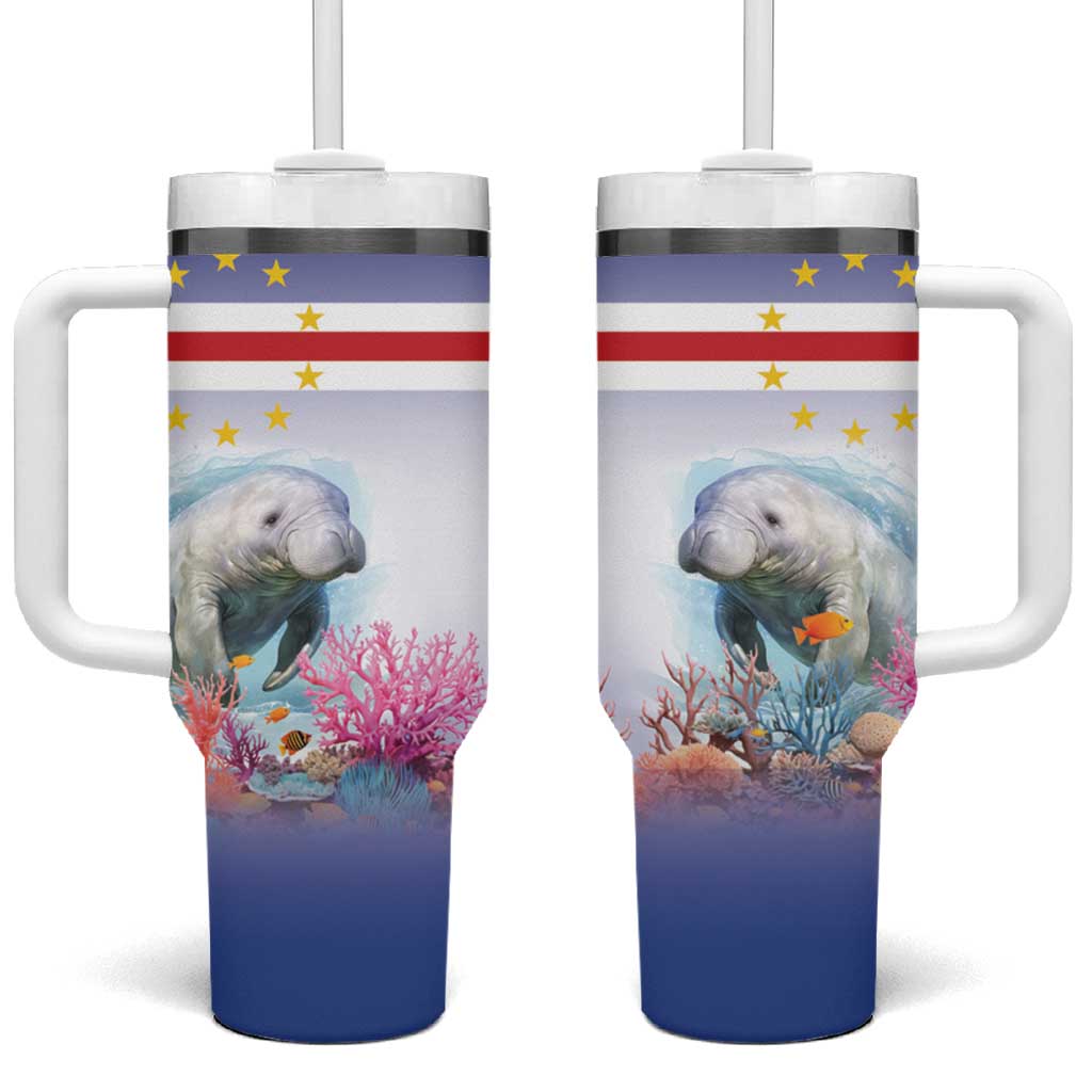 Cape Verde Manatee Tumbler With Handle Coral Reef With Flag Style - Wonder Print Shop