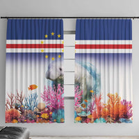 Two-panel window curtain set with manatee, colorful coral, and stars-and-stripes flag