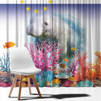 Manatee over coral reef window curtain panel with fish and stars-and-stripes flag at top