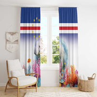 Blue manatee coral reef curtain panels with stars-and-stripes at the top header