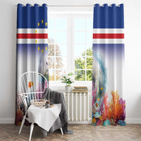 Blue window curtain panels with manatee, coral reef, and stars-and-stripes header