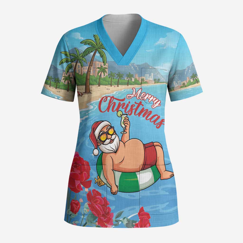 Monaco Christmas Scrub Top Swimming Santa Claus - Wonder Print Shop