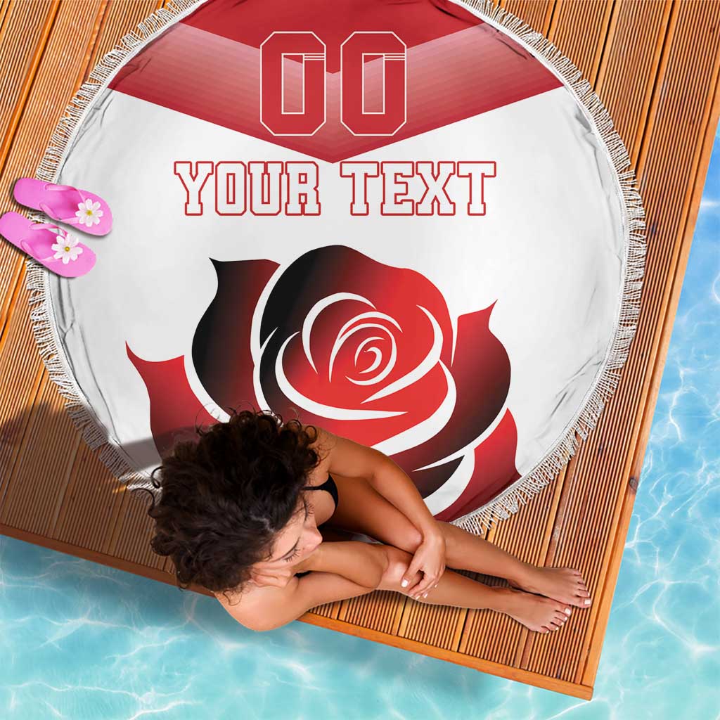 Red rose round beach blanket with white fringe and 'YOUR TEXT' rose graphic