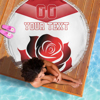 Red rose round beach blanket with white fringe and 'YOUR TEXT' rose graphic