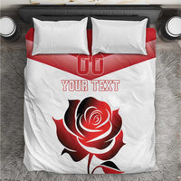White bedding set with red rose graphic, 'YOUR TEXT' and '00' logo