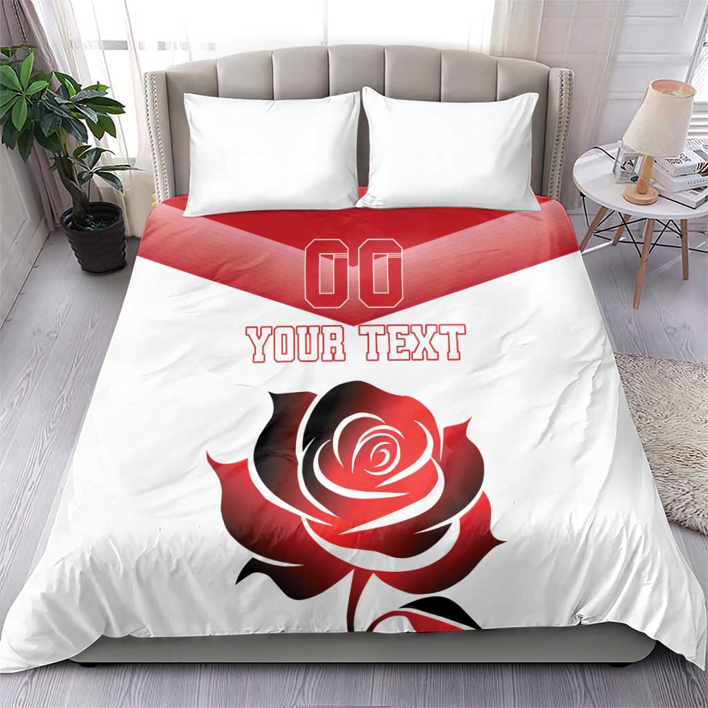 White duvet cover with red rose, 'YOUR TEXT', and '00' logo; two pillowcases