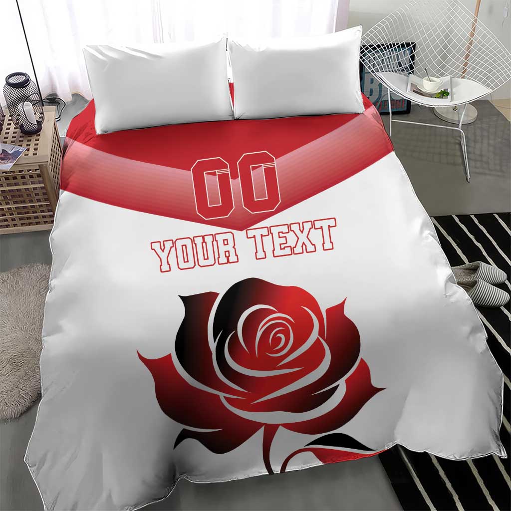 White duvet cover and pillowcases featuring red rose, 'YOUR TEXT', and '00' logo