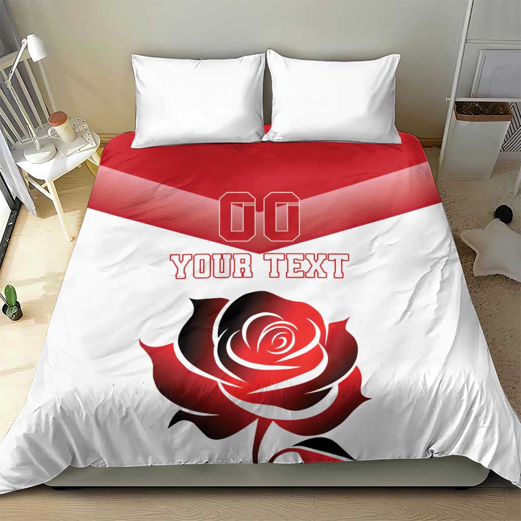 White duvet cover with red rose art, 'YOUR TEXT' and '00' logo; two pillowcases