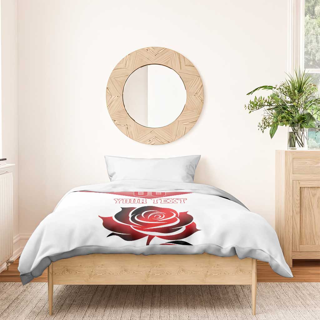 White duvet cover with red rose emblem and 'YOUR TEXT' plus '00' logo; pillow