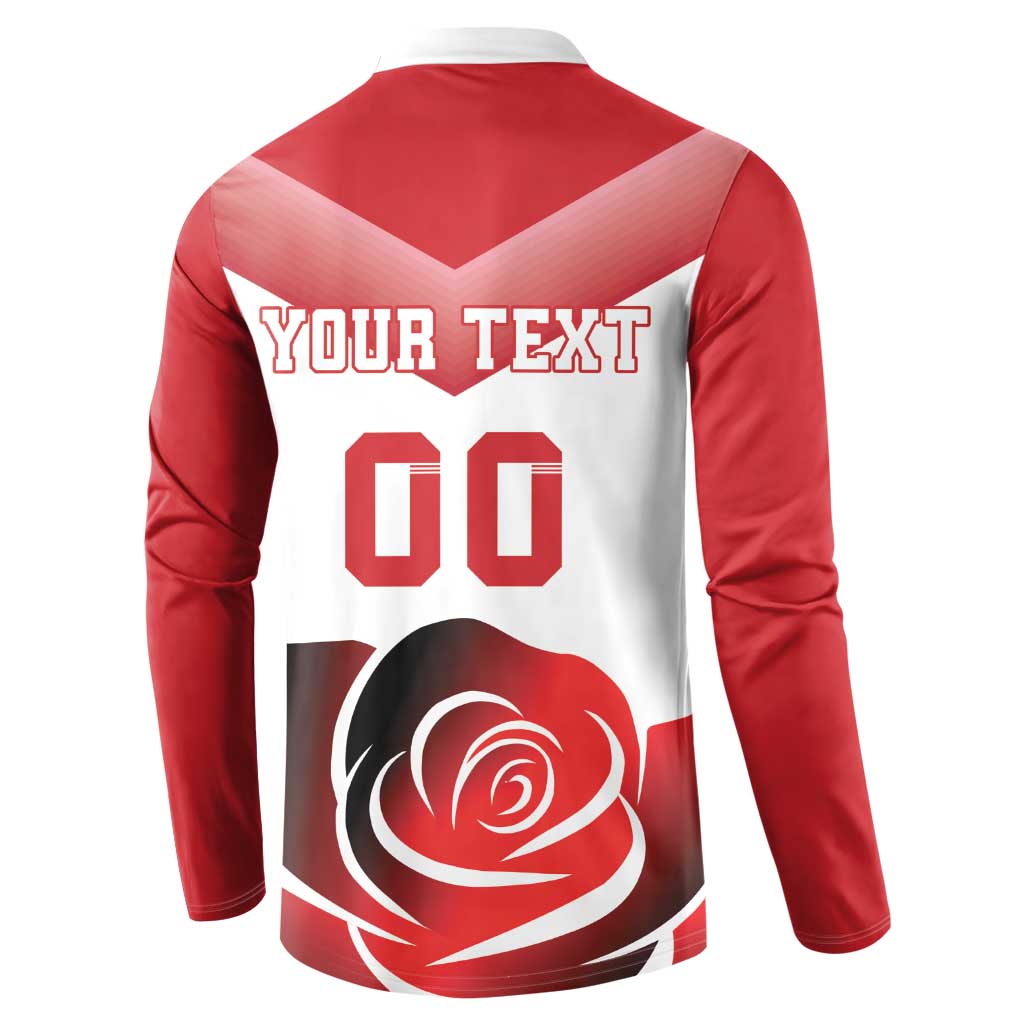 Red button sweatshirt back with 'YOUR TEXT 00' and rose print