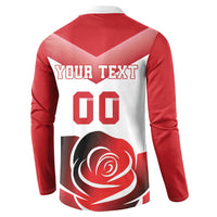 Red button sweatshirt back with 'YOUR TEXT 00' and rose print