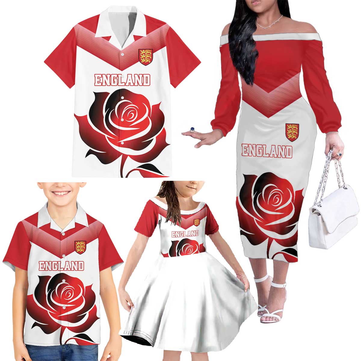 Custom England Rugby Family Matching Off The Shoulder Long Sleeve Dress and Hawaiian Shirt Red Rose Sporty Style - Wonder Print Shop