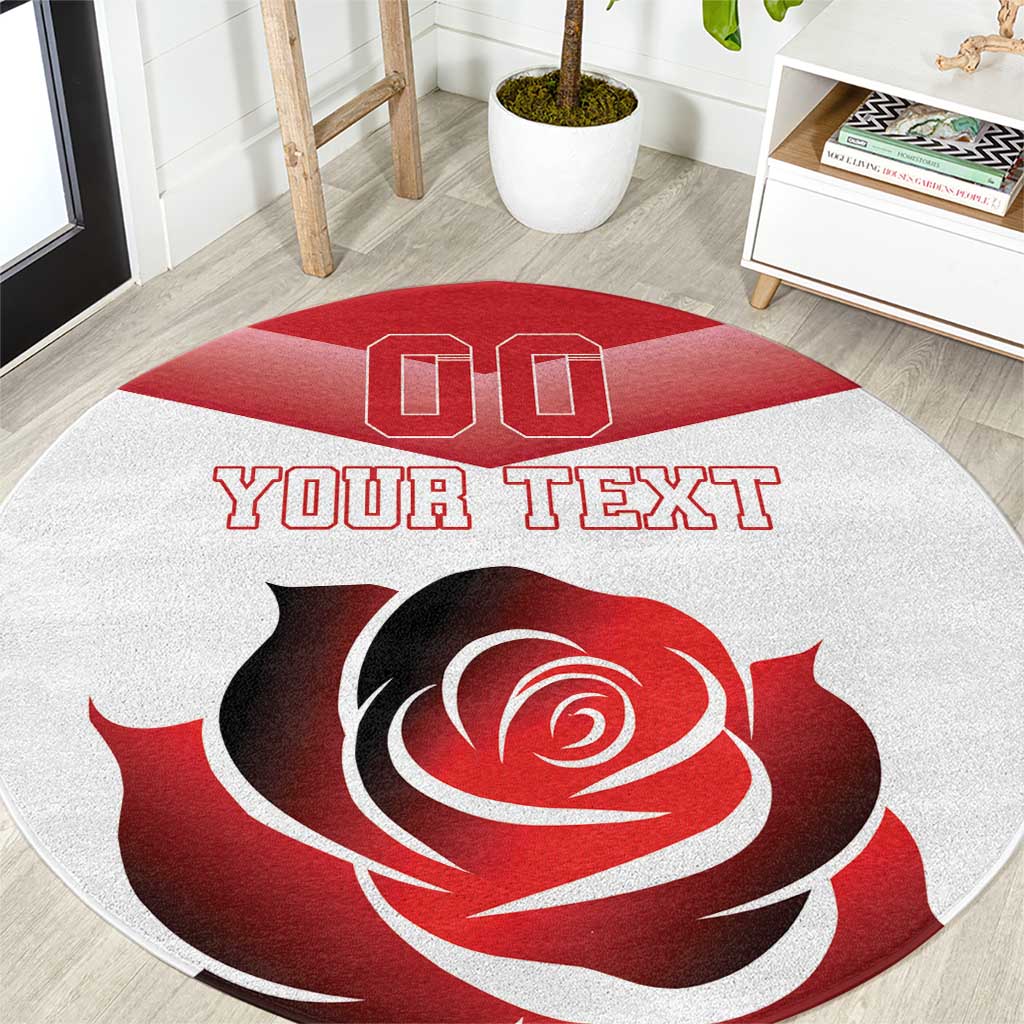 Round rug with red rose design, 'YOUR TEXT' and '00' on gray and red, circular