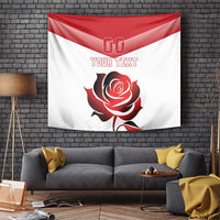 Red and white rugby tapestry with England stripe, rose graphic, and custom “YOUR TEXT”