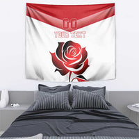 Red and white rugby tapestry featuring England stripe, rose emblem, and “YOUR TEXT”