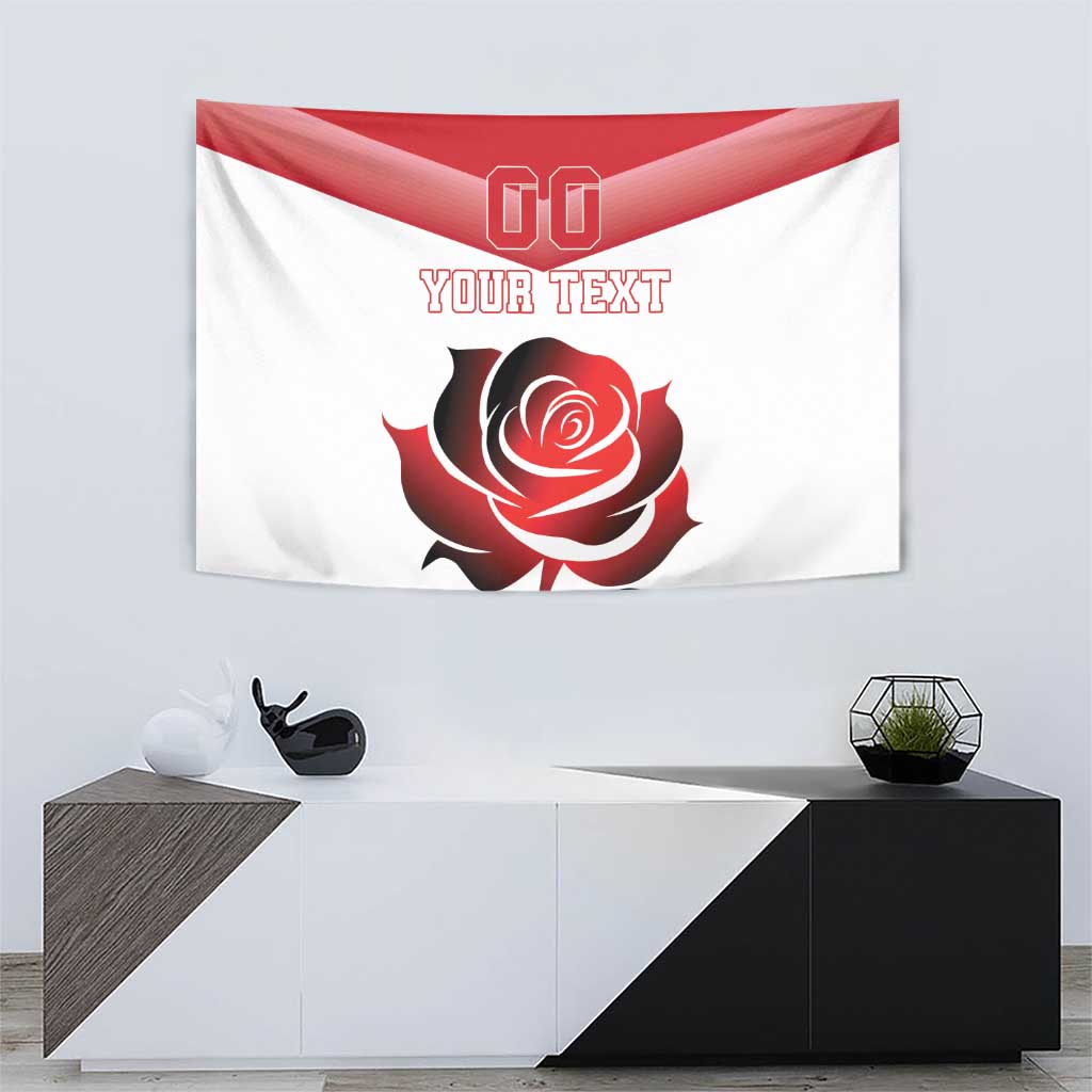 Red and white rugby tapestry with England stripe, rose graphic, and centered “YOUR TEXT”