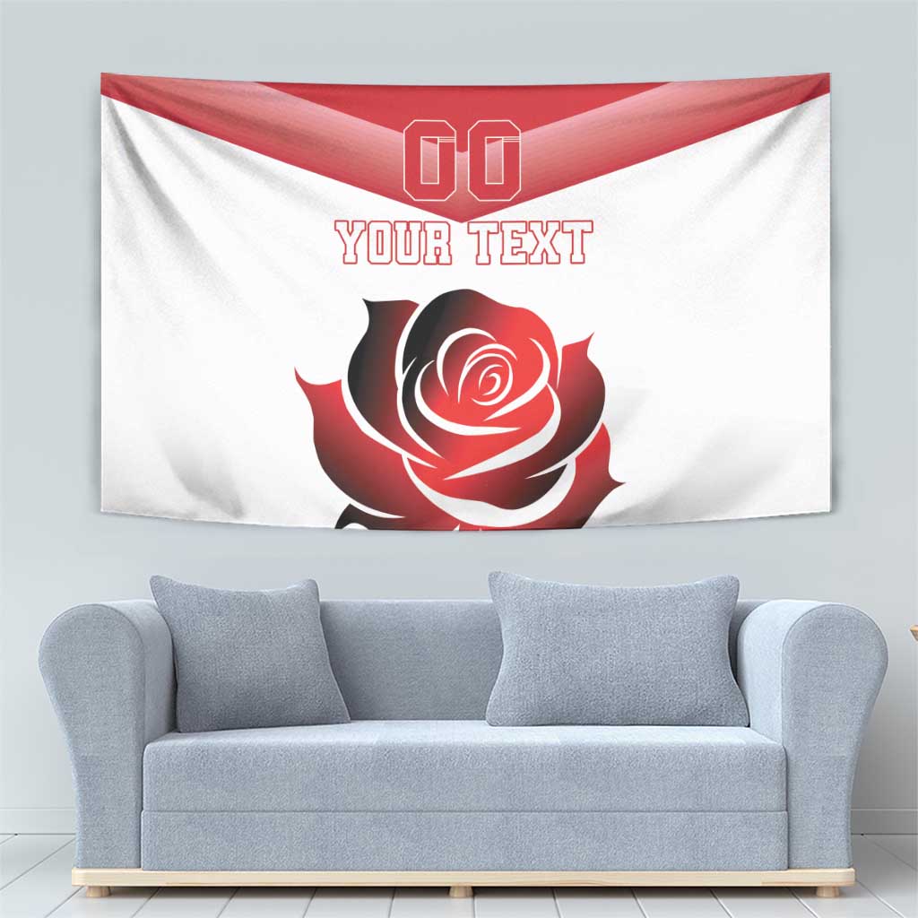 Red and white rugby tapestry showing England stripe, rose emblem, and “YOUR TEXT”