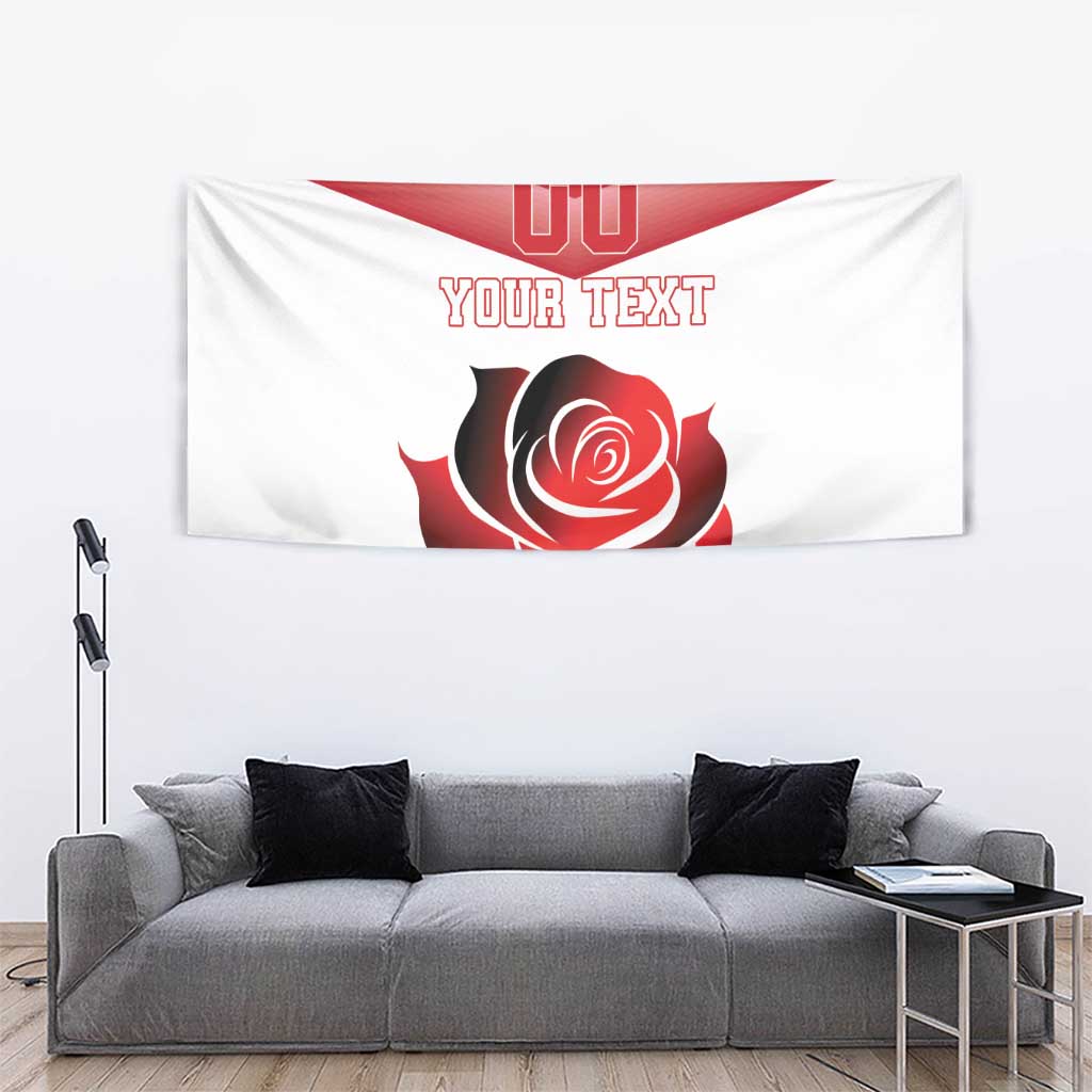 Red and white rugby tapestry with England stripe, rose graphic, and “YOUR TEXT” text