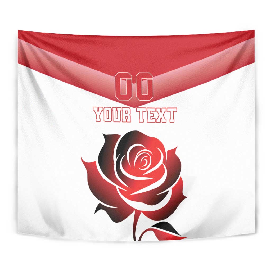 Close view rugby tapestry in red and white with England stripe, rose graphic, and “YOUR TEXT”