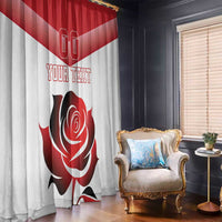 Red and white window curtain panel with diagonal stripe, rose emblem, and 'YOUR TEXT'