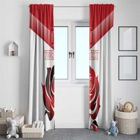 Red and white curtain panels with rose emblem and 'YOUR TEXT' printed across
