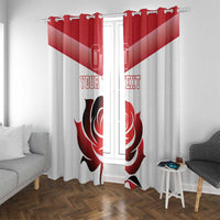 Red and white curtain panels with ring top, rose emblem, and 'YOUR TEXT' print