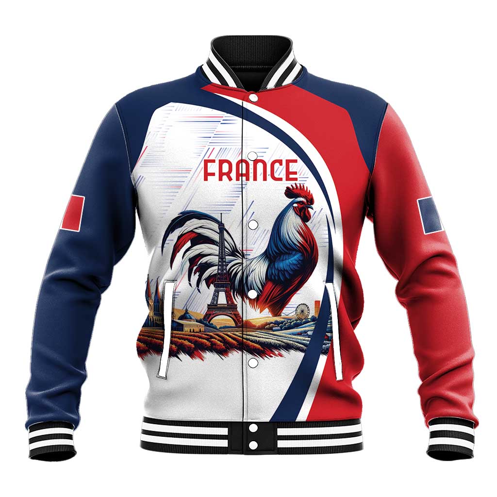 Unisex blue and red varsity baseball jacket with white rooster graphic and button front