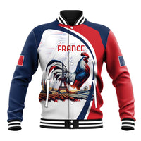 Unisex blue and red varsity baseball jacket with white rooster graphic and button front