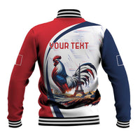Unisex red and blue baseball jacket with striped hem and 'YOUR TEXT' rooster Eiffel graphic