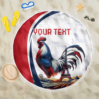 Round beach blanket with fringed edge, rooster and Eiffel Tower, 'YOUR TEXT'