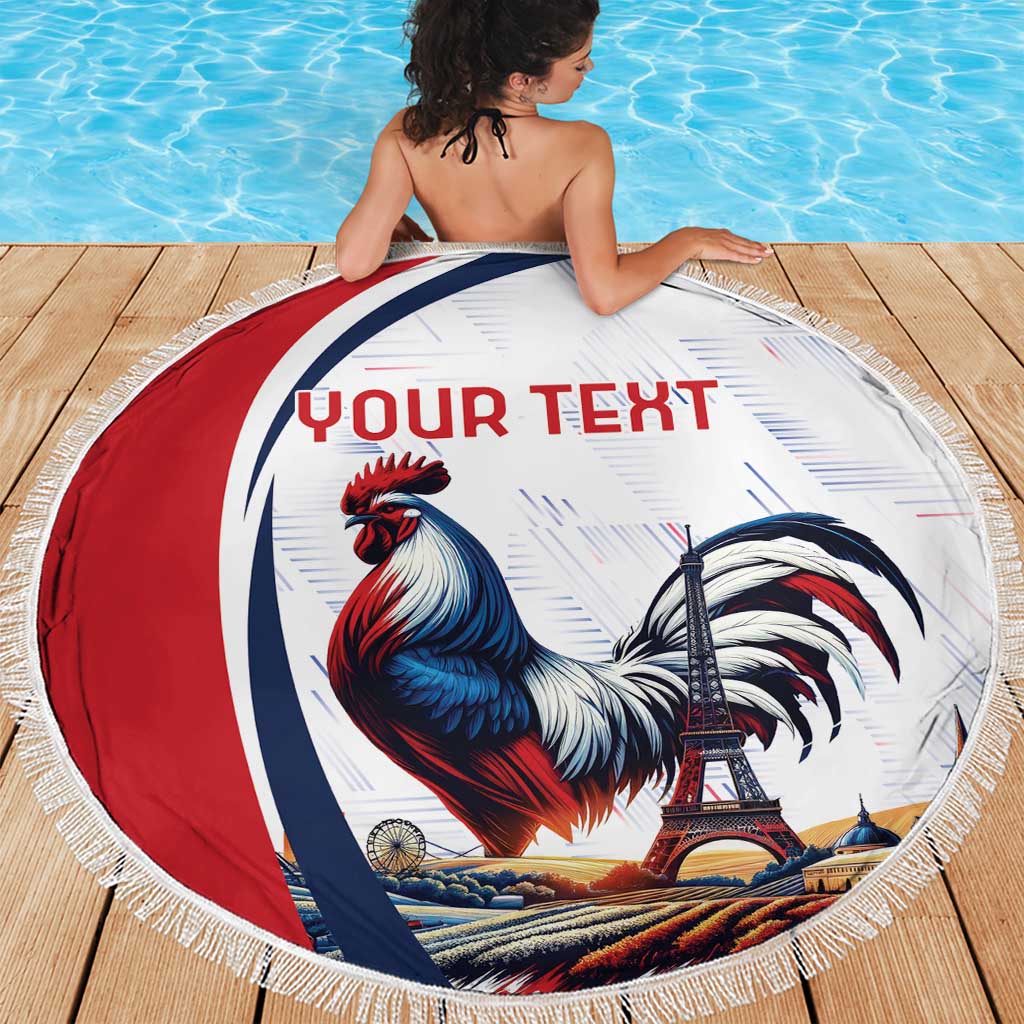 Round beach blanket with fringed edge, rooster and Eiffel Tower graphic with 'YOUR TEXT'