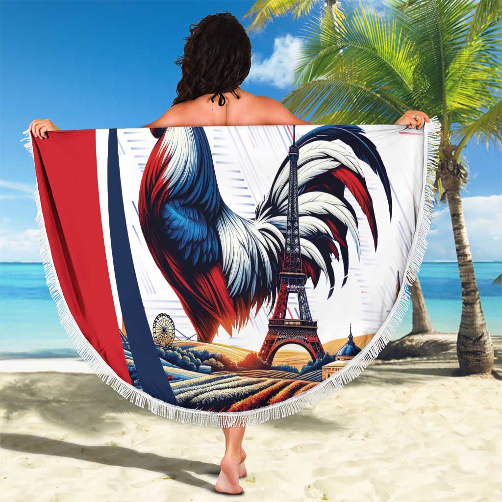 Round beach blanket with fringed edge showing rooster and Eiffel Tower, 'YOUR TEXT'