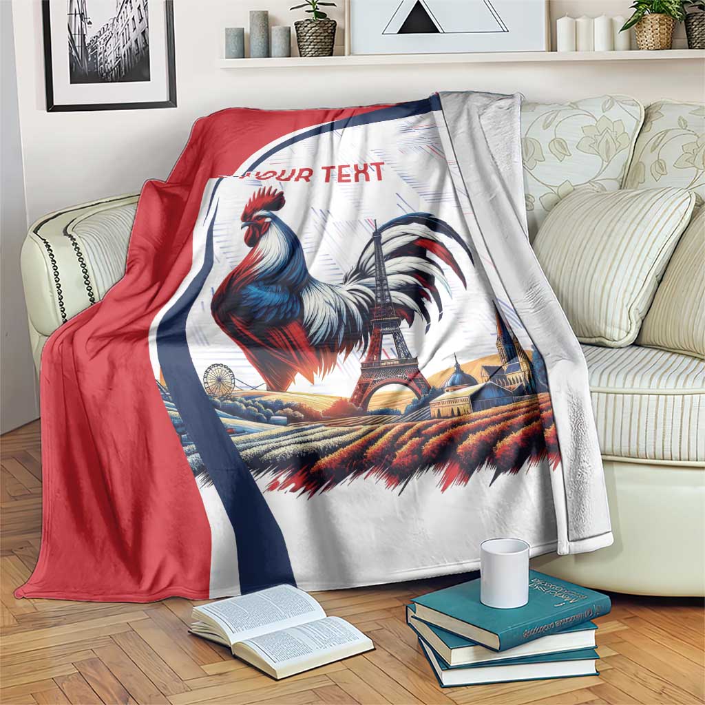 France blanket with rooster and Eiffel Tower, red/blue border, 'YOUR TEXT'.