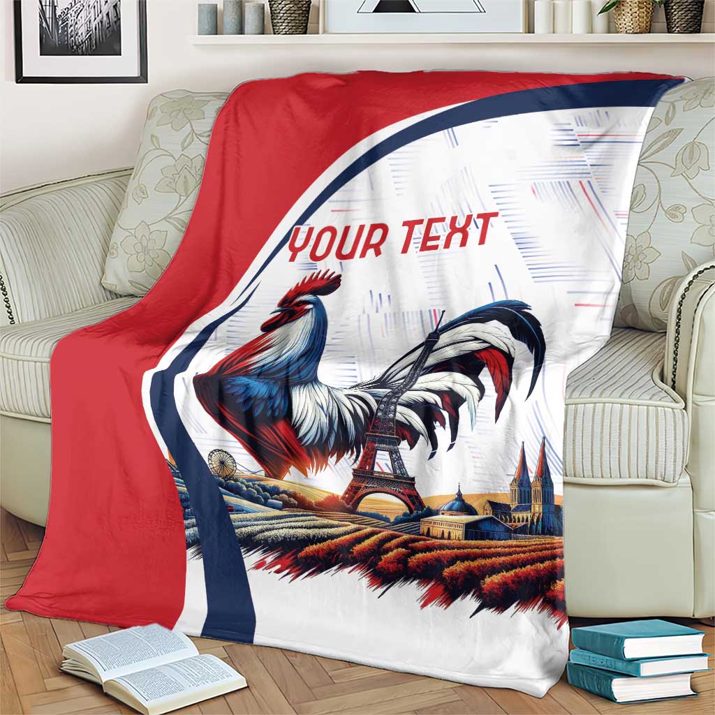 France blanket with rooster and Eiffel Tower, close view of 'YOUR TEXT' and red/blue frame.