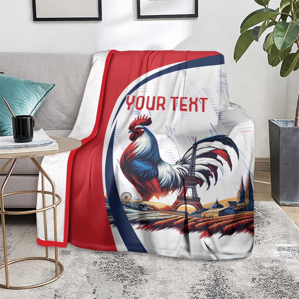France blanket with rooster and Eiffel Tower, over chair, 'YOUR TEXT', red and blue border.