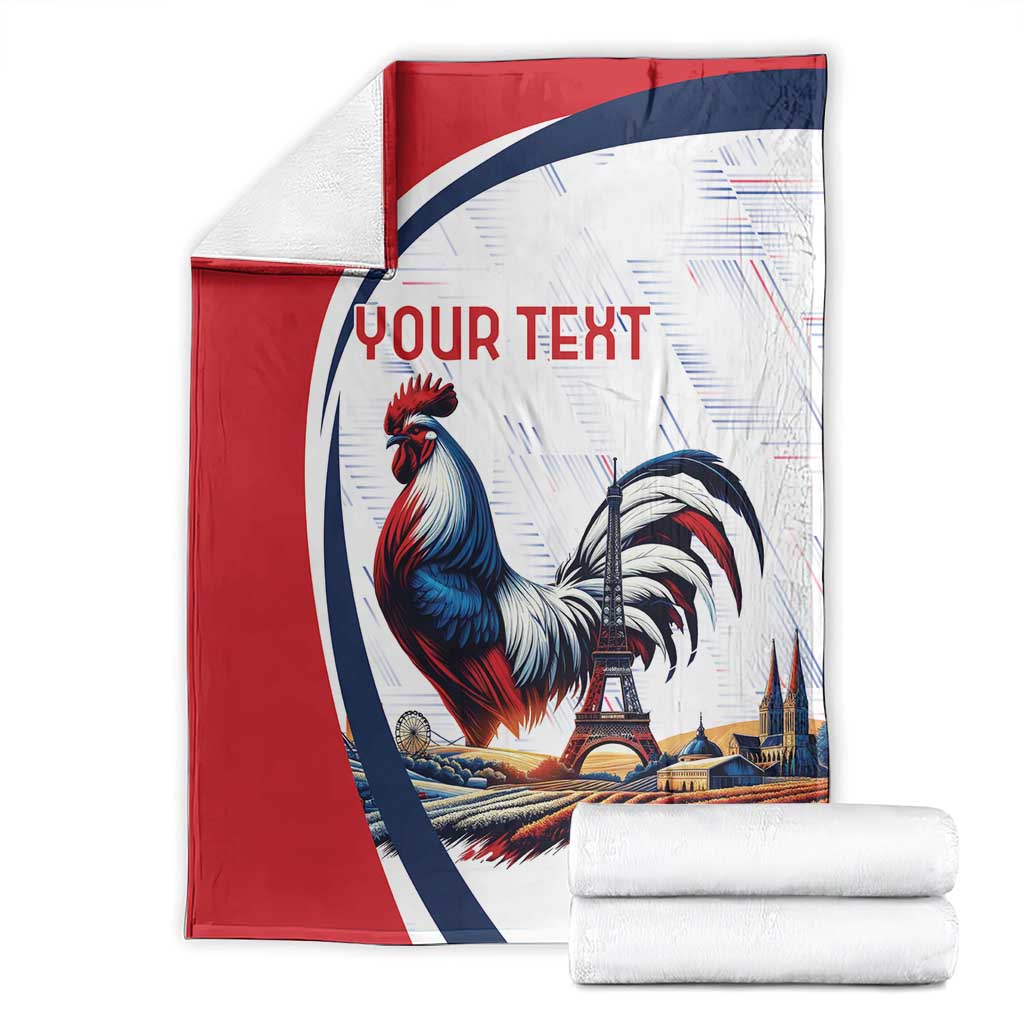 Personalized France blanket set with rooster and Eiffel Tower, 'YOUR TEXT', folded with extra rolls.