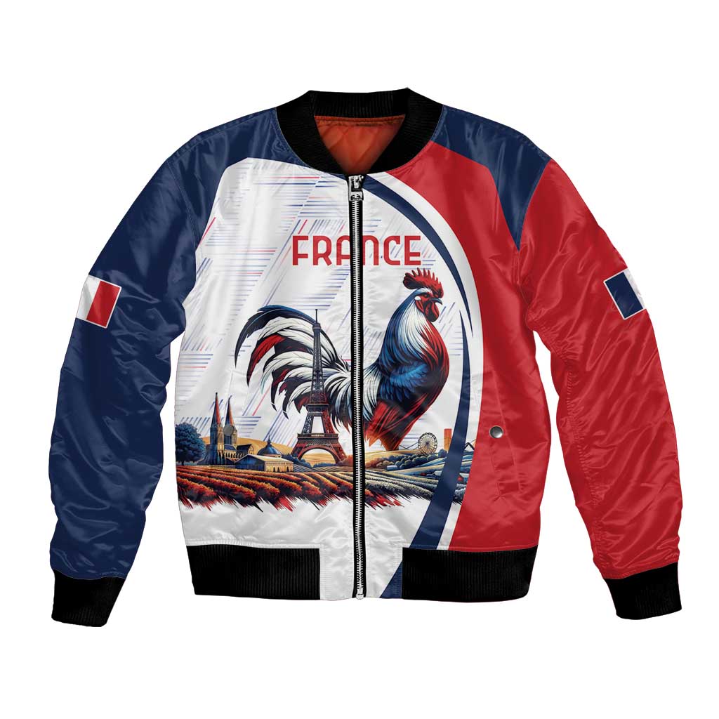 Unisex bomber jacket in red/blue with rooster and Eiffel-themed print, black ribbed cuffs.