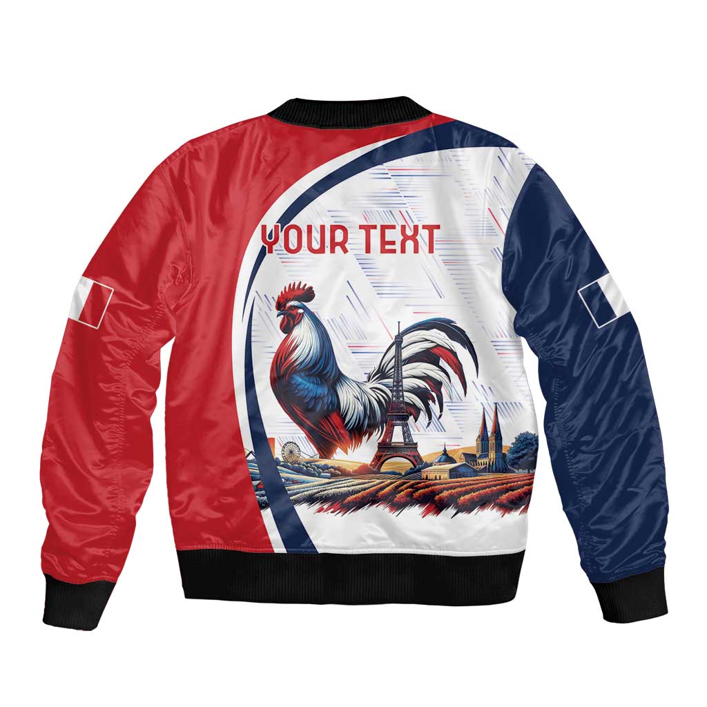 Unisex bomber jacket in red/blue with rooster circle graphic, black ribbed hem and cuffs.