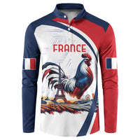Personalized button-front sweatshirt in blue, red, and white with rooster and Eiffel Tower