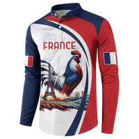 Button-front sweatshirt with France print, rooster, and Eiffel Tower; blue and red sleeves