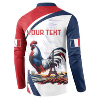 Button-front sweatshirt back with rooster and Eiffel Tower; 'YOUR TEXT' on blue and red