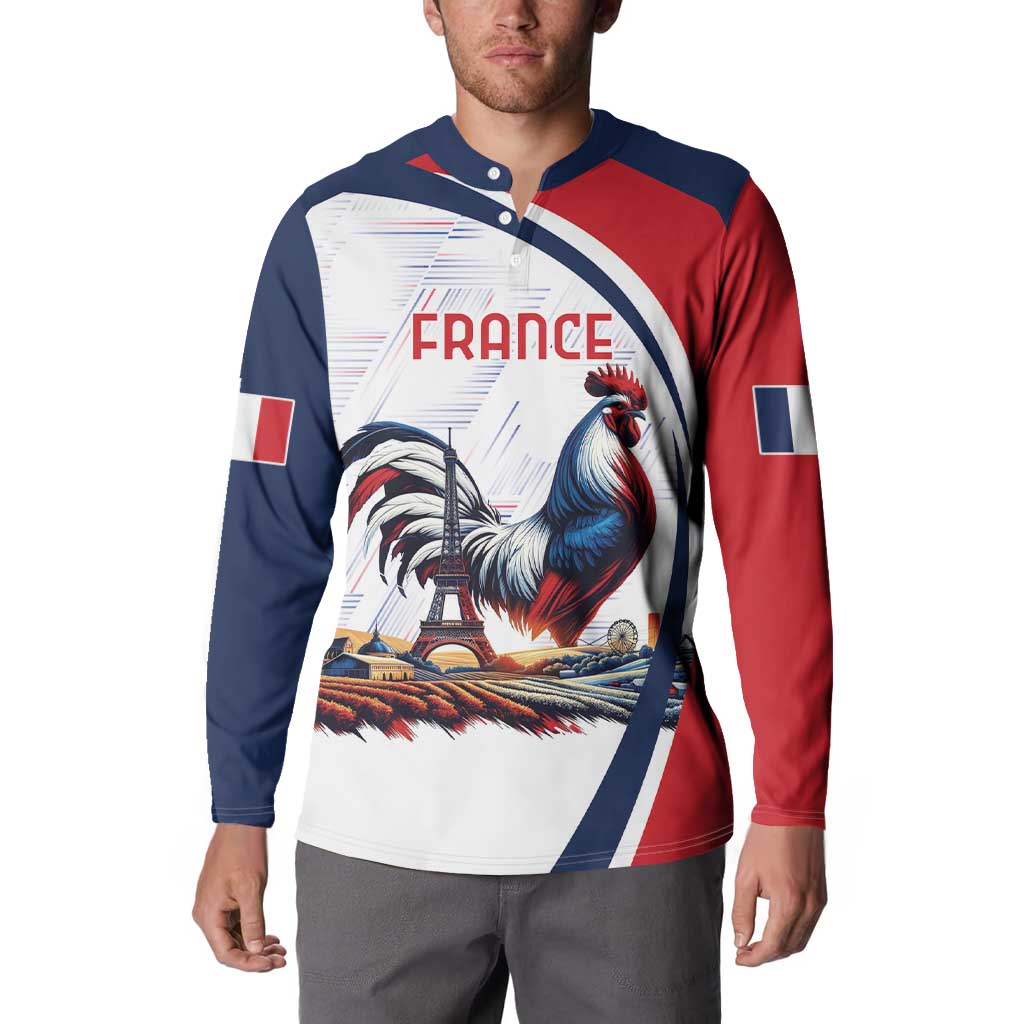 Button-front sweatshirt with France rooster graphic and Eiffel Tower; blue and red colorblock