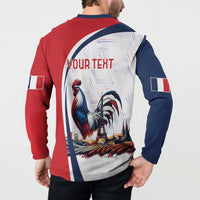 Button-front sweatshirt back with 'YOUR TEXT', rooster, and Eiffel Tower; blue and red
