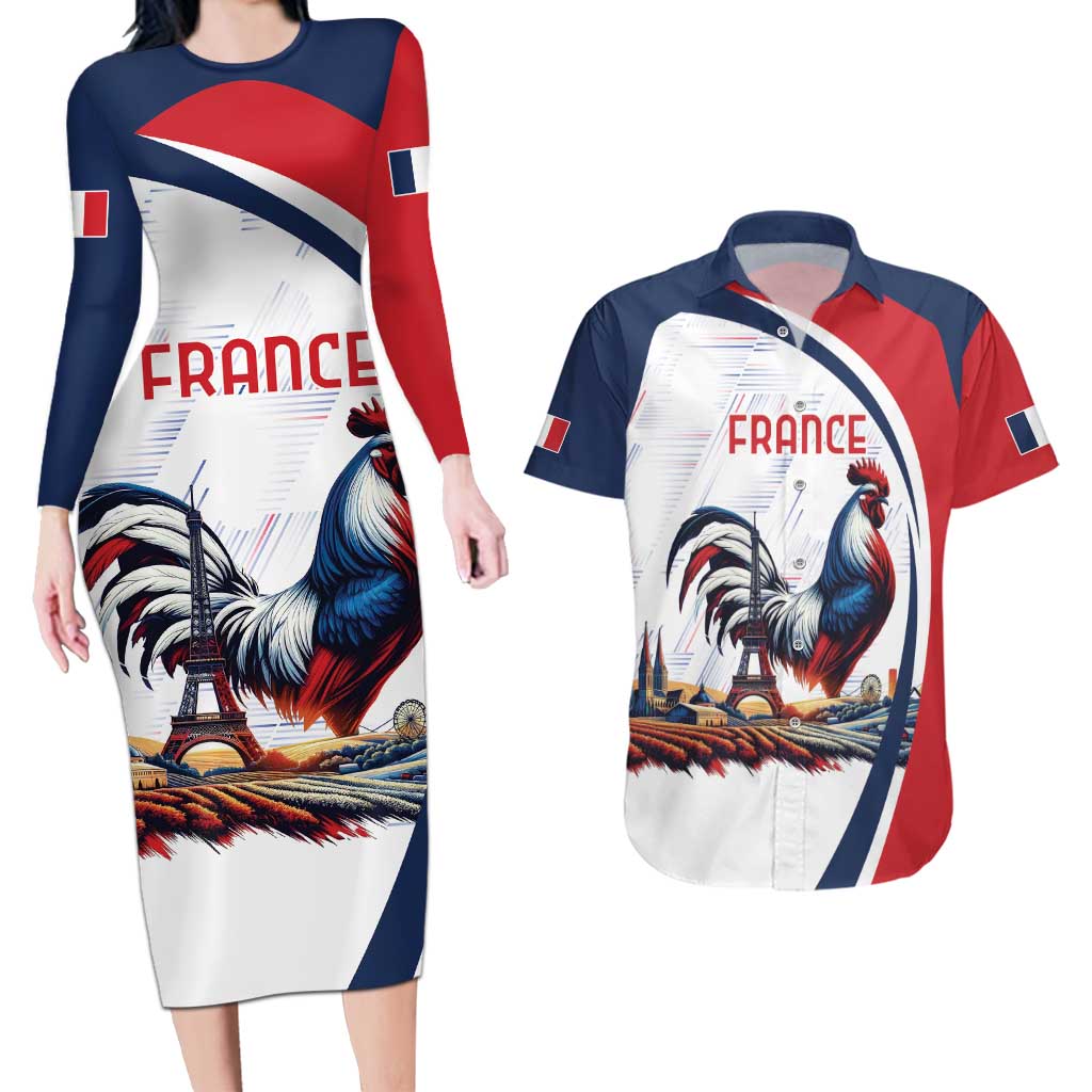 Personalized France Couples Matching Long Sleeve Bodycon Dress and Hawaiian Shirt French Rooster With Eiffel Tower - Wonder Print Shop