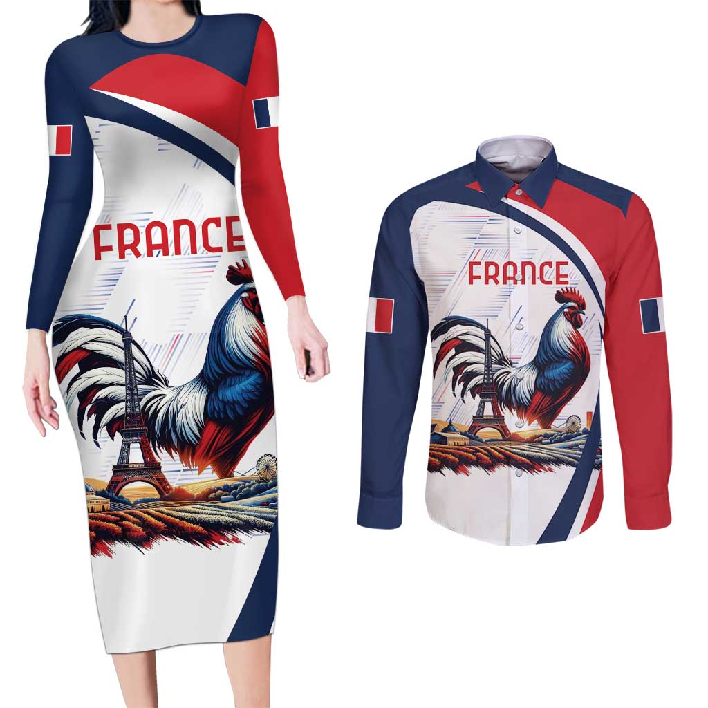 Personalized France Couples Matching Long Sleeve Bodycon Dress and Long Sleeve Button Shirt French Rooster With Eiffel Tower - Wonder Print Shop