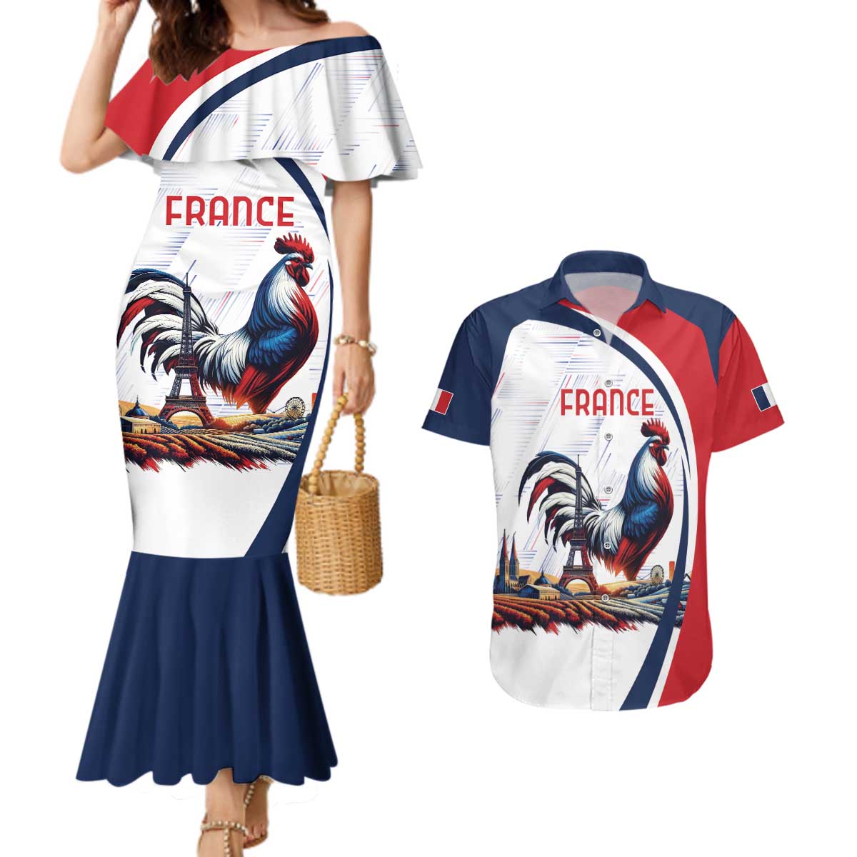 Personalized France Couples Matching Mermaid Dress and Hawaiian Shirt French Rooster With Eiffel Tower - Wonder Print Shop