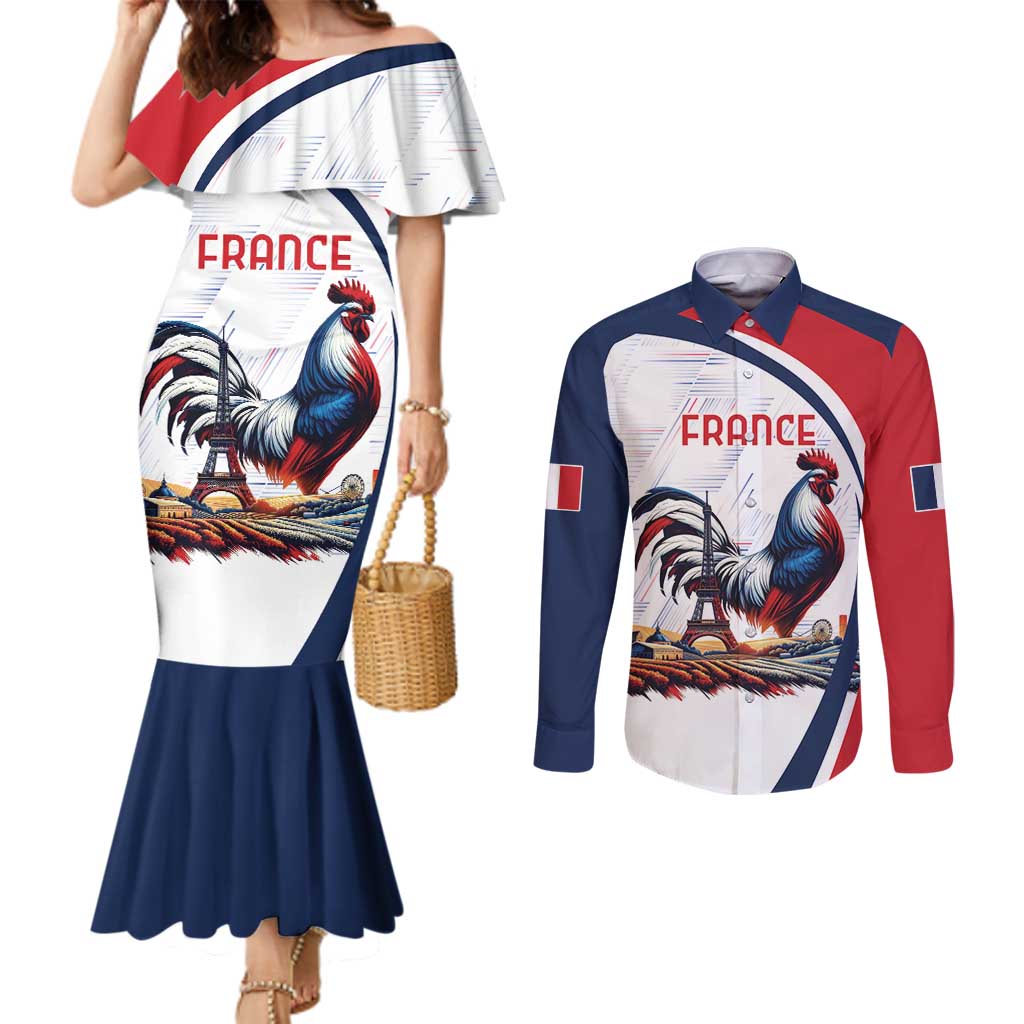 Personalized France Couples Matching Mermaid Dress and Long Sleeve Button Shirt French Rooster With Eiffel Tower